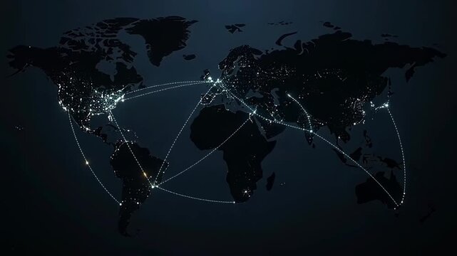 Glowing lines connecting nodes across world map global network