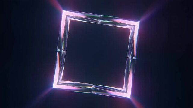 Rotating 3D glass square frame with colorful prismatic light dispersion on a black background