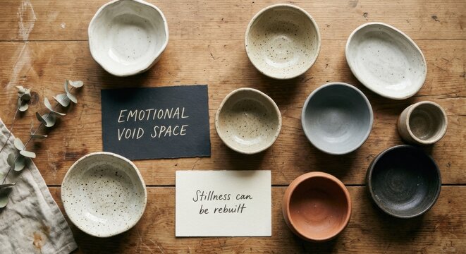 Handmade Ceramic Vessels and Inspirational Quotes on a Wooden Surface