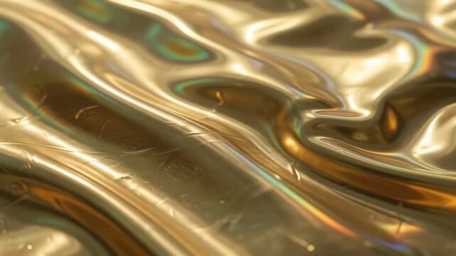 Close-up of iridescent gold foil with wavy reflections and holographic colors on a metallic surface