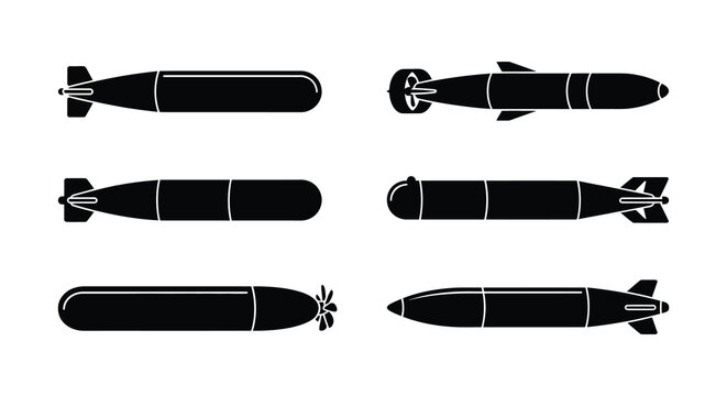 Black silhouette vector illustration of various guided bombs on a white background