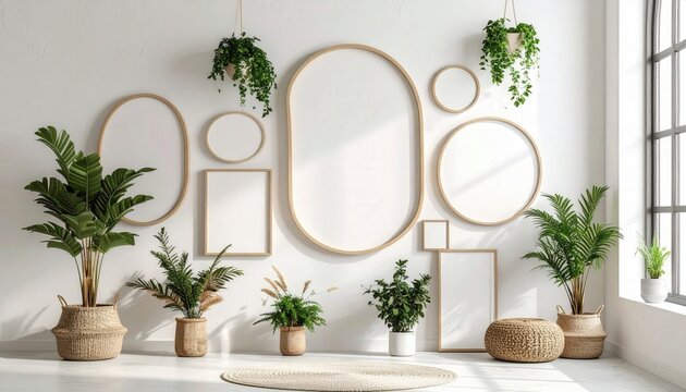 Interior design and home decor empty wooden frames on white wall with indoor plants and natural sunlight in modern living room for wall art mockup