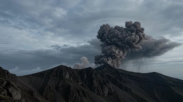 Dark volcanic ash cloud drifting over mountain peak