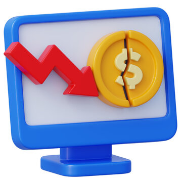 3d financial loss monitor with downward arrow and broken dollar coin for bankruptcy economic crisis