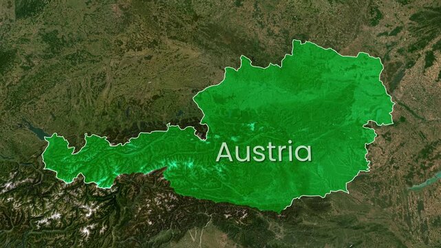 Austria Glowing Green Map Outline Zoom In and Out Animation on Satellite World Map