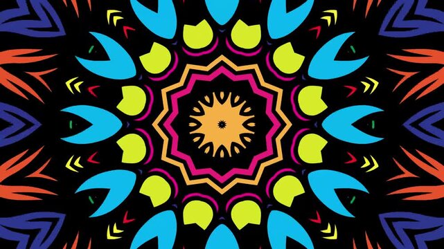 Psychedelic ethnic patterns swirl and spin in a colorful kaleidoscope loop, creating a vibrant artistic background for music festivals, events, and social media.