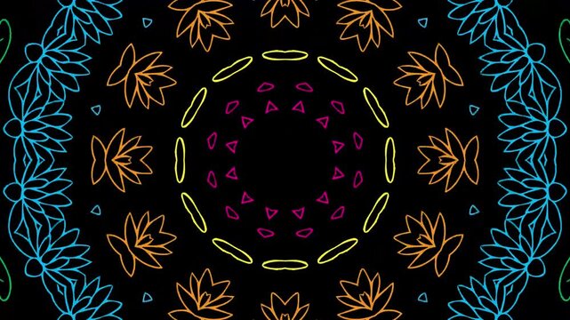 Vibrant ethnic abstract patterns twist and spin in a seamless psychedelic kaleidoscope loop, creating dynamic artistic backgrounds for festivals and social media.