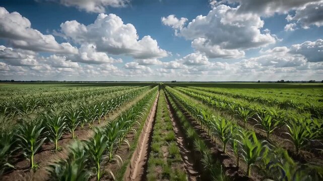 Cornfield Rows Stretching under Dramatic Sky with Fluffy Clouds Rural Agriculture Landscape Cinematic Wide Shot