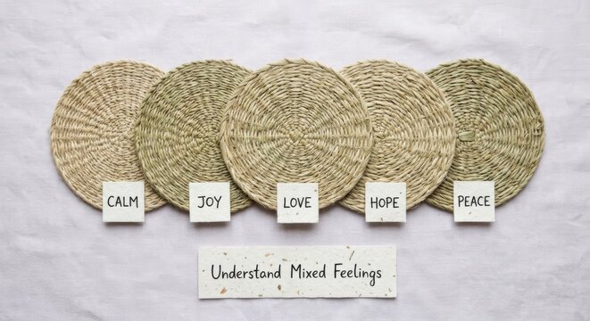 Woven Flax Coasters with Positive Affirmations and 'Understand Mixed Feelings' Message