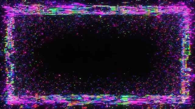 A vibrant digital glitch border with neon flickering noise and colorful static distortion over a black background.