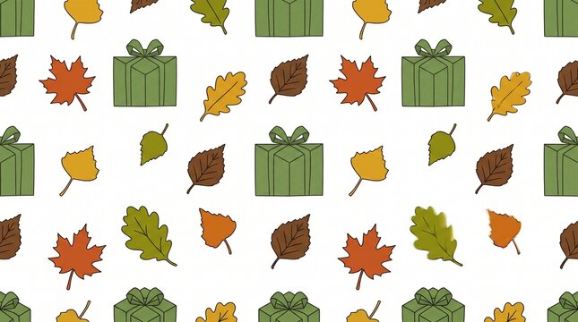 Seamless pattern with hand drawn autumn leaves and green gift boxes on white background.