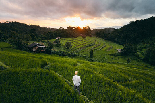 Traveler standing and looking at the beautiful morning sunrise over green terraced rice fields in the mountains.