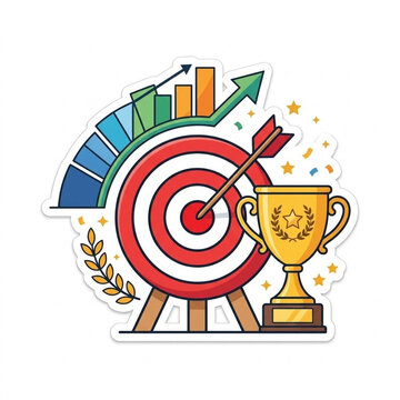 Goal and achievement concept illustration with target bullseye, arrow in center, golden trophy cup, and upward graph line, flat vector die-cut sticker on white background.