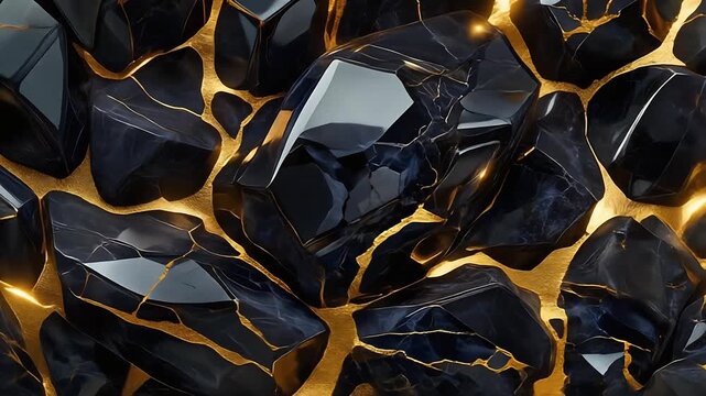Close up of dark polished stones with glowing golden veins and liquid gold flowing through the cracks.