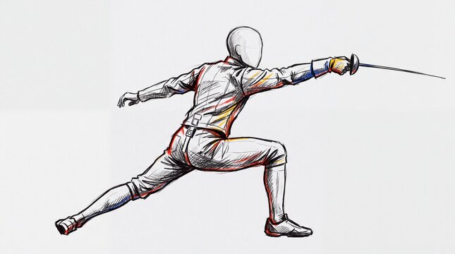 Dynamic sport fencer lunging with foil in vektor sketch style