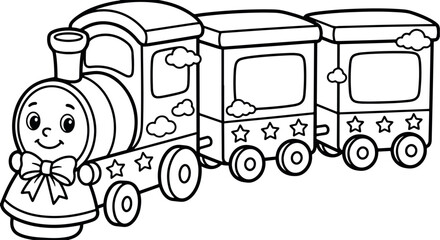 Happy Toy Steam Train Locomotive Pulling Passenger Carriages Outline Vector Illustration  © Setelar