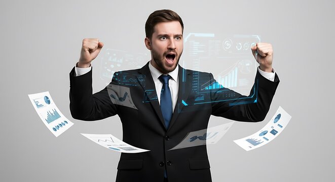 Cheering businessman celebrating success as money flies around.