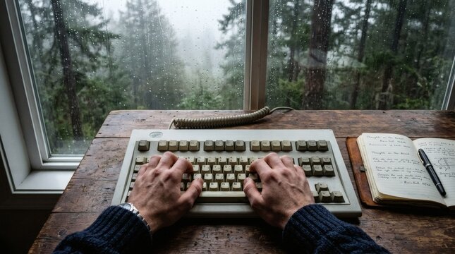 First person point of view of hands typing on a mechanical keyboard by a rainy forest window.