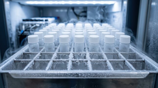 Cryogenic storage rack filled with frozen laboratory vials in an ultra-low temperature freezer