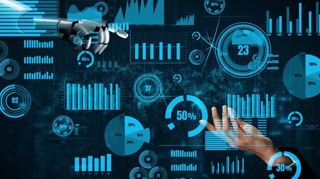 A striking depiction of a robotic arm reaching toward a human hand, set against an intricate background of digital data visualizations and analytics. Xenic