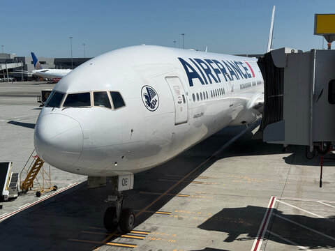 Air France passenger aircraft Boeing 777-328ER stands beside a jet bridge - San Francisco, California, USA - September 4, 2026