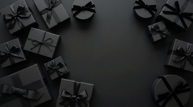 Black Friday sale concept flat lay with elegant gift boxes on dark background