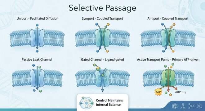 Cell Membrane Transport Mechanisms: Selective Passage and Coupled Transport Illustrated