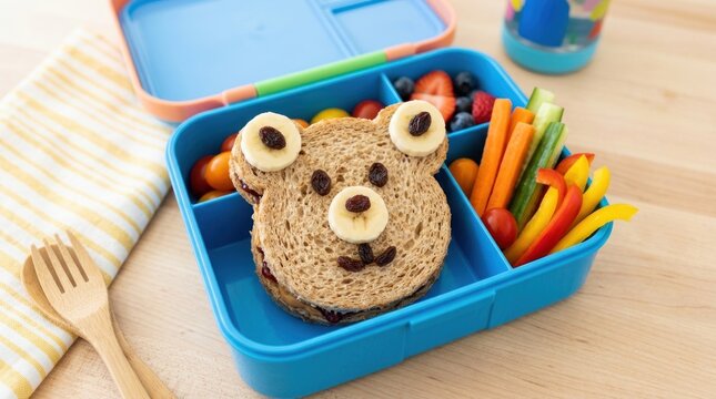 Healthy Kid Lunchbox with Bear Shaped Sandwich.