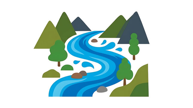 Winding blue river flowing through mountains flat vector illustration