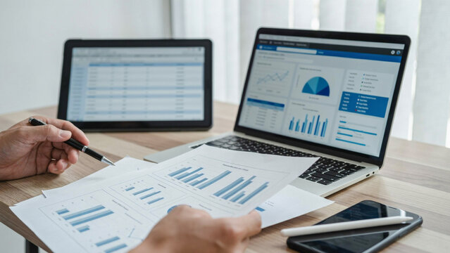 Person analyzing financial reports with charts on laptop and tablet during daytime office work