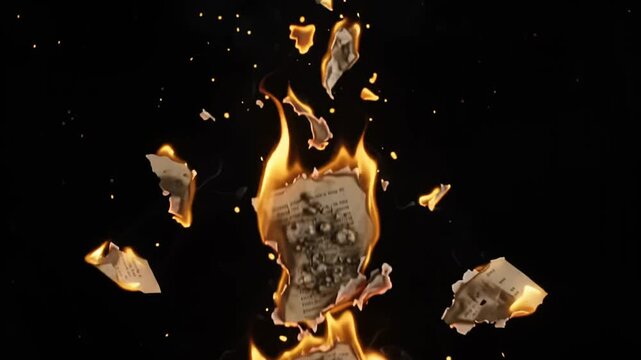 Old vintage documents burning in fierce orange flames creating floating ash and glowing sparks against a dark background symbolizing destruction and lost history