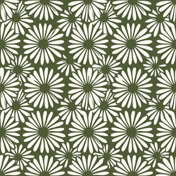 Scratched Radiating Flower Seamless Pattern in Green under Off White for Textile Home Decor Wrapping Paper and Packaging Design