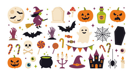 Obraz premium Halloween Seamless Pattern with Witch Pumpkin Bat and Haunted House Vector