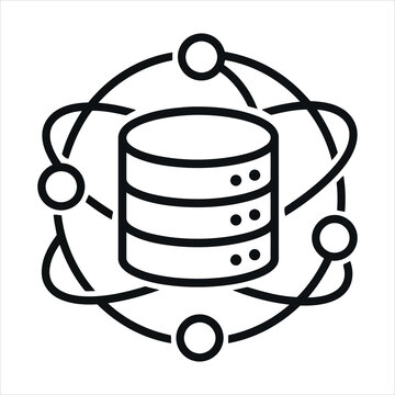 Database icon surrounded by orbiting circles represents data storage and network connections.