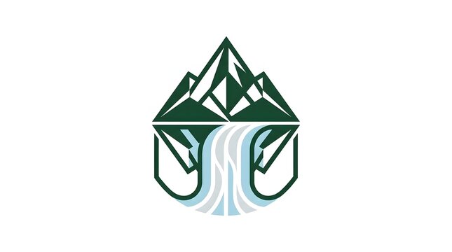 Green mountain peak logo vector illustration with a flowing waterfall element design