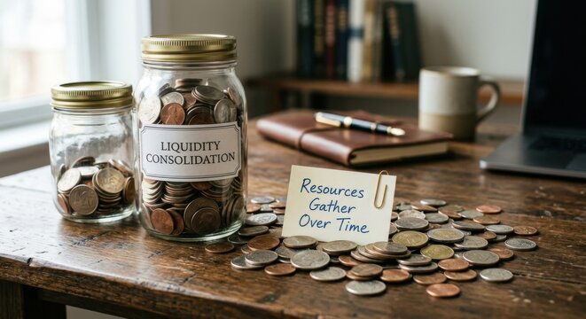 Jar of Coins Labeled Liquidity Consolidation With Note Reading Resources Gather Over Time