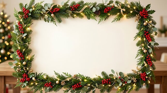 Empty white rectangular frame decorated with festive christmas garland featuring pine branches red berries and golden lights
