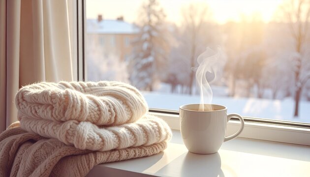 二階の窓辺で楽しむ冬のコーヒーとアイボリーニットブランケット