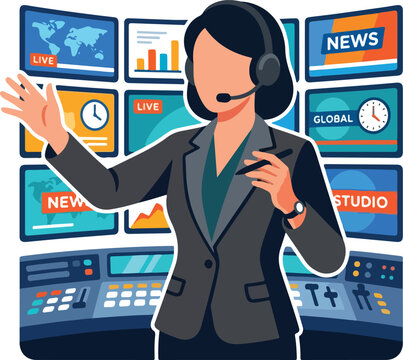 News anchor presenting live broadcast in a digital studio