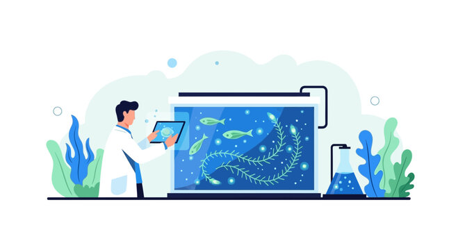 Scientist researching bioluminescent algae in a laboratory for sustainable biotechnology and marine science illustration