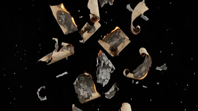 Cinematic video of burning paper scraps floating and falling against a dark background with glowing fire and ash particles for dramatic historical video projects