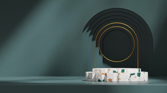 gold arch and dark blue wall in 3d video render of template mockup white terrazzo podium seamless loop shadow animation
