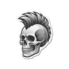 Fototapeta premium Graphic Illustration of a Skull with a Mohawk in Halftone Style. Additional Visible Detail Includes Sticker.