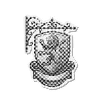 Heraldic Lion Shield with Ornate Iron Bracket and Banner in Halftone Style. Additional Visible Detail Includes Wrought.