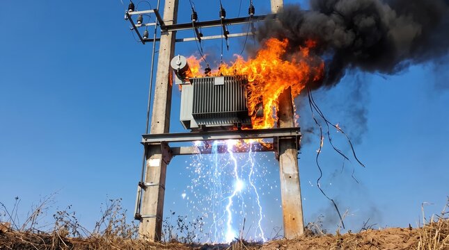 Dangerous electrical short circuit causing high voltage transformer explosion with bright sparks and fire.