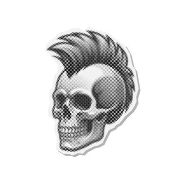 Graphic Illustration of a Skull with a Mohawk in Halftone Style. Additional Visible Detail Includes Sticker.