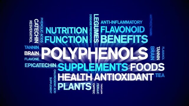 Polyphenols animated word cloud-animation tag kinetic typography seamless loop.