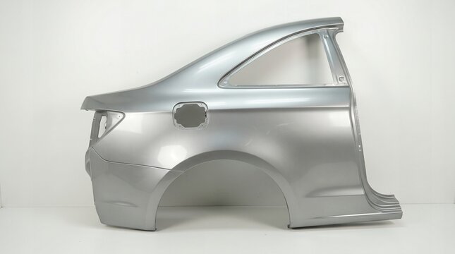 Silver car rear quarter panel isolated against a white background