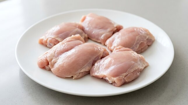Fresh raw chicken thighs arranged on a simple white plate ready for cooking. boneless chicken thigh