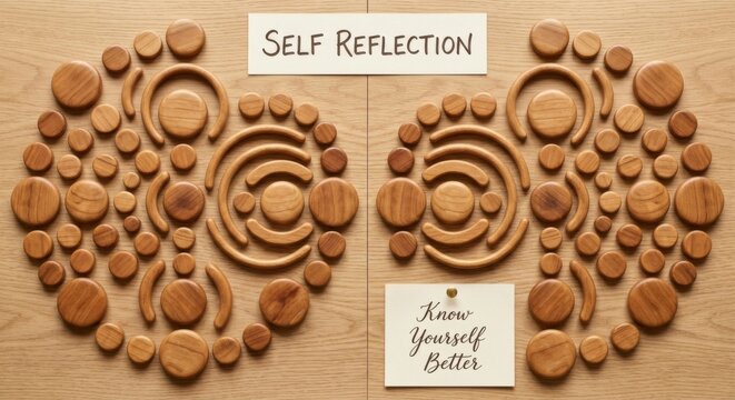 Wooden Circles Form Symmetrical Pattern With Self Reflection And Know Yourself Better Text